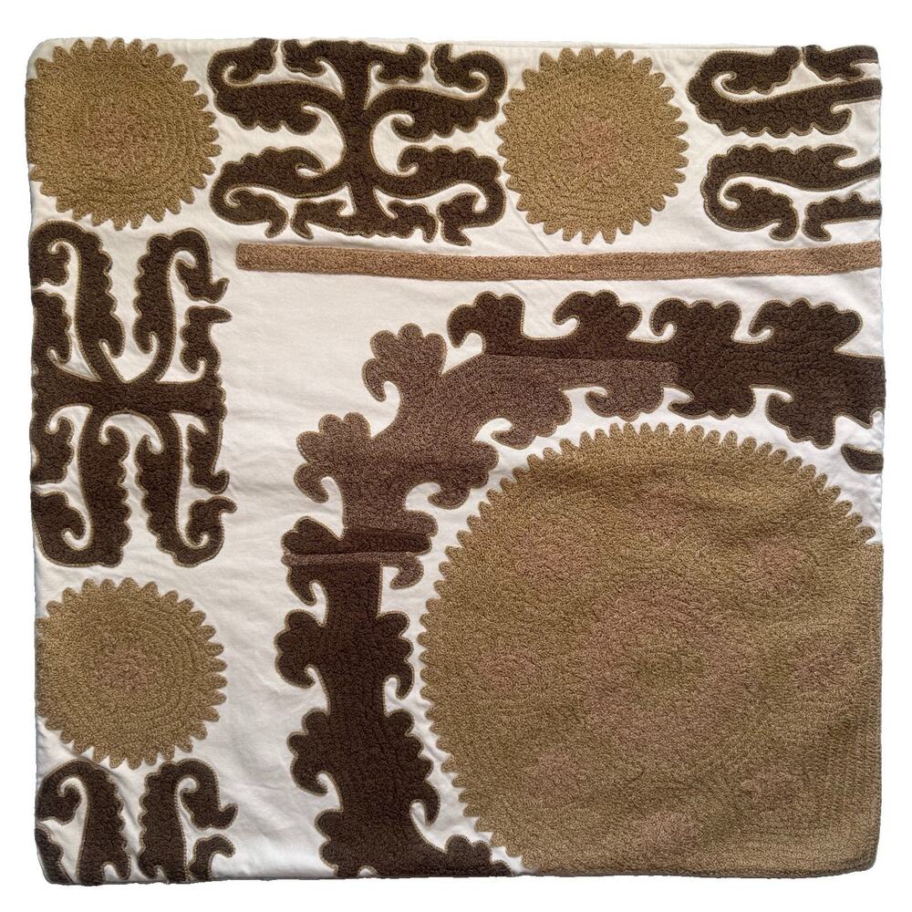 Pottery Barn Suzani Crewel Embroidered Euro Pillow Cover 26” Brown Tan Rare Boho